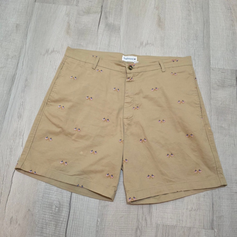 Saddlebred Mens 36W Khaki American Flag Embroidered Chino Shorts Tan 4th of July